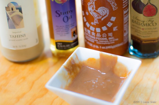 I used Sesame oil, Tahini, Sriracha hot sauce and a fig balsamic for the Purslane sauce. It was scrumptious! 